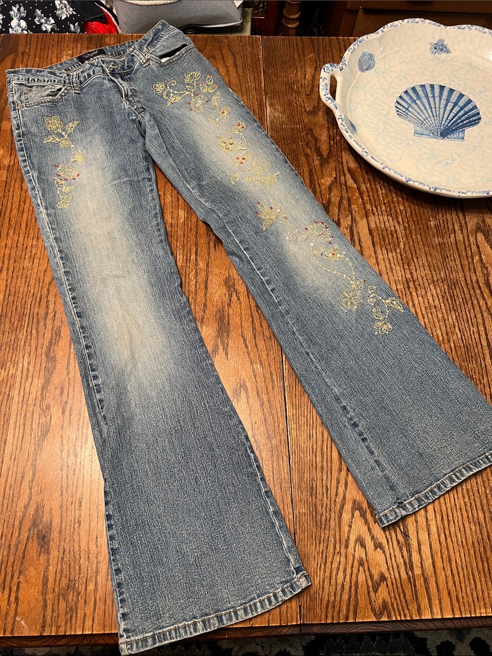 Angels Vintage Light Wash Embroidered Flare Jeans with Floral Details